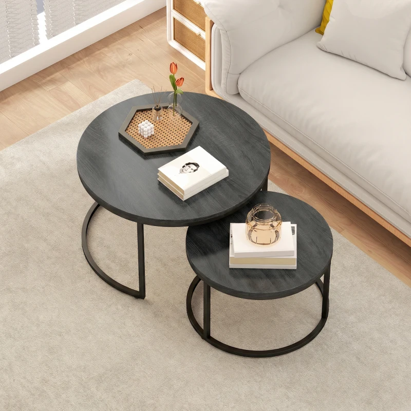 HOMCOM Modernes Kaffeetisch 2er-Set, Stapelbare Beistelltische mit Metallgestell für Wohnzimmer, Schlafzimmer, Büro, Schwarz