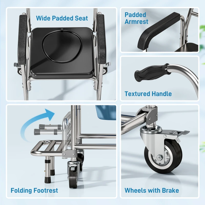 HOMCOM Transport Beside Shower Chair, 3-in-1 Commode Chair with Wheels and Padded Seat, Black