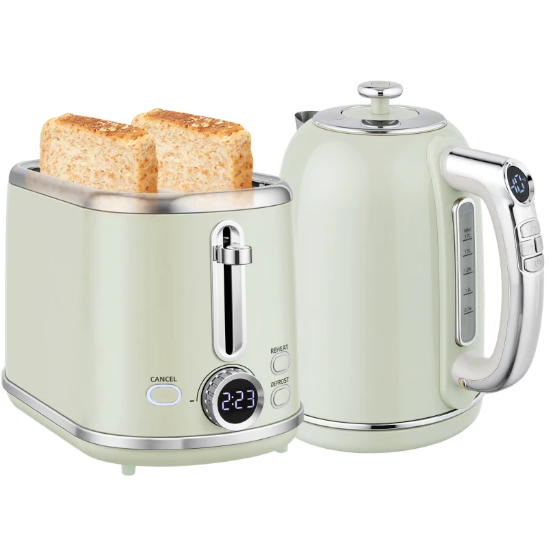 HOMCOM Wasserkocher- und Toaster-Set, LED-Anzeige, 1,7 Liter, 2200W, Retro-Design, Memory-Funktion, Grau