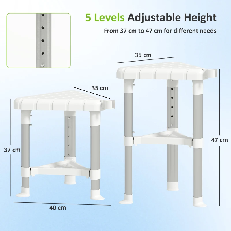 HOMCOM Shower Stool, Aluminium Alloy Corner Shower Chair with Storage Shelf and HDPE Seat, Adjustable Height, White
