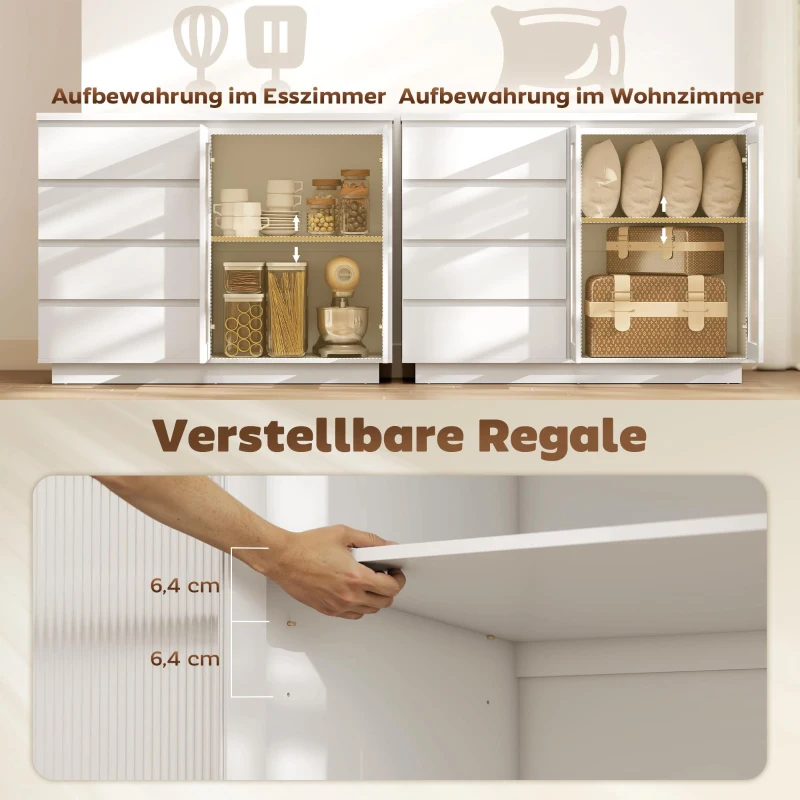 HOMCOM Buffetschrank, Sideboard mit 4 Schubladen, 2 Glastüren, modernes Design, MDF, Weiß