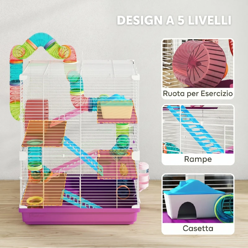 PawHut Gabbia per Criceti a 5 Livelli con Tubi, Ruota, Scale, Casetta e Bottiglia, 46x30x58 cm, Viola
