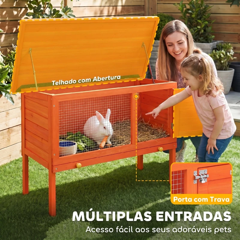 PawHut Casa de Coelhos de Madeira com Teto de Asfalto Abatível e Bandeja Removível e Porta 90x45x65 cm Madeira