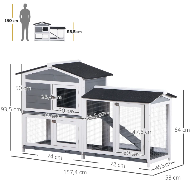 PawHut Hasenstall Kaninchenstall mit Freilaufgehege Rampe Kleintierstall aus Holz mit 2 Etagen Bodenwanne 157,4x53x93,5cm Grau