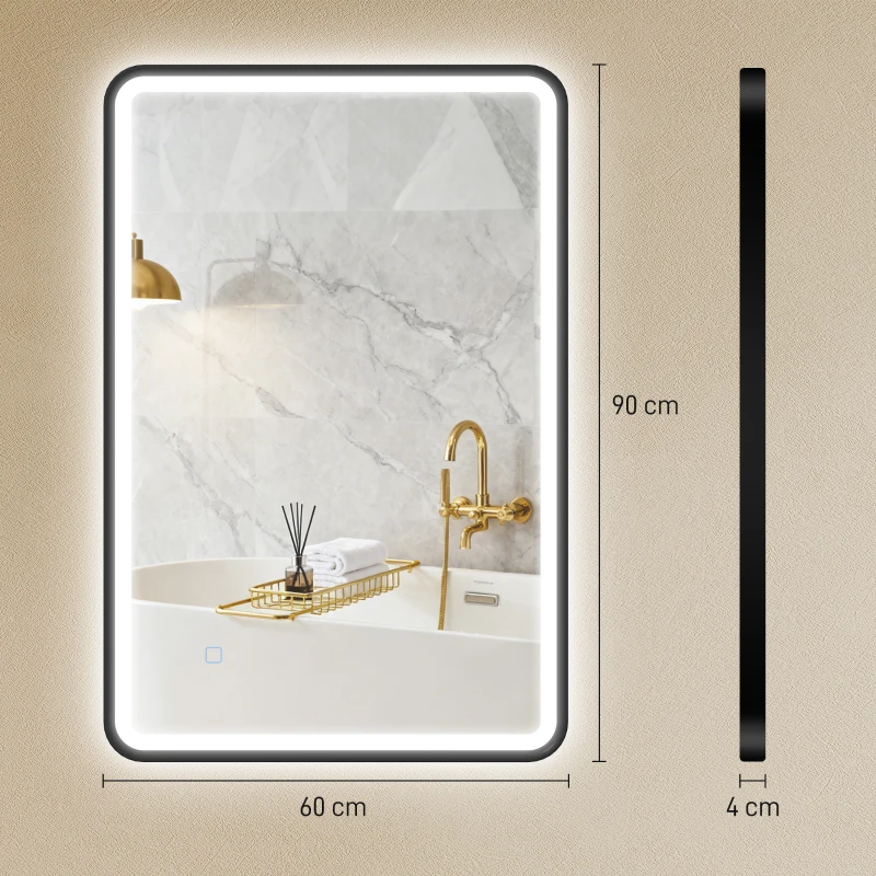 HOMCOM 90 x 60 cm LED-Badezimmerspiegel, Lichter, 3 Farben, dimmbar, Memory-Funktion, horizontal und vertikal, Schwarz