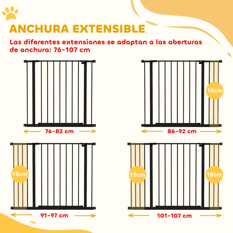 PawHut Barrera de Seguridad Extensible Puertas y Escaleras Metálica para Perros y Bebé Barrera Puertas Mascota 76-107x76 cm