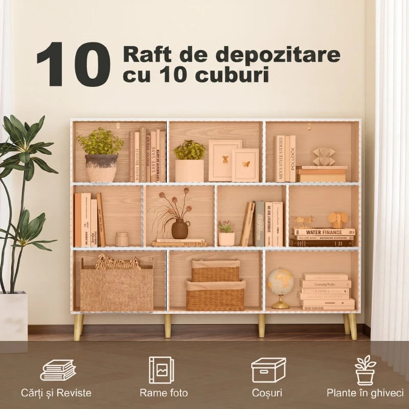 HOMCOM Bibliotecă cu 10 Cuburi, 3 Polițe, Picioare din Lemn Masiv, Alb cu Efect de Lemn, Albă