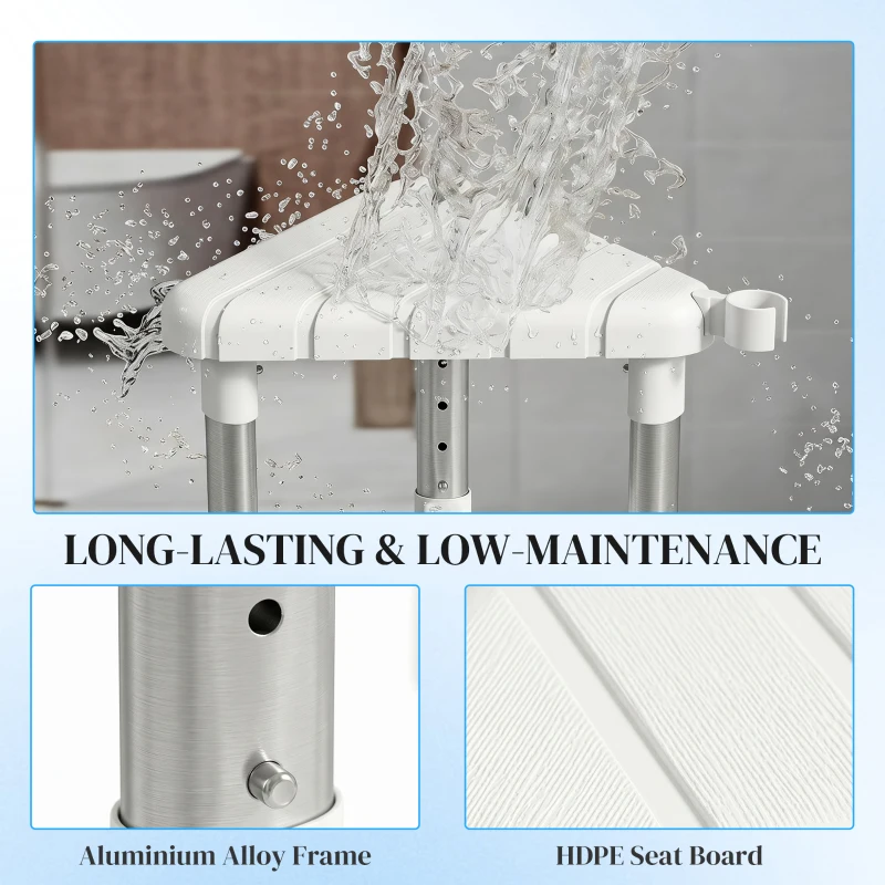 HOMCOM Shower Stool, Aluminium Alloy Corner Shower Chair with Storage Shelf and HDPE Seat, Adjustable Height, White