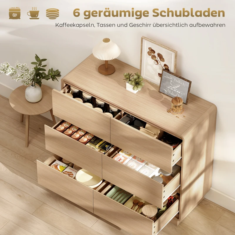 HOMCOM 100 cm Sideboard, Buffetschrank mit 6 Schubladen, Kommode für Küche, Wohnzimmer, Esszimmer, Naturholz