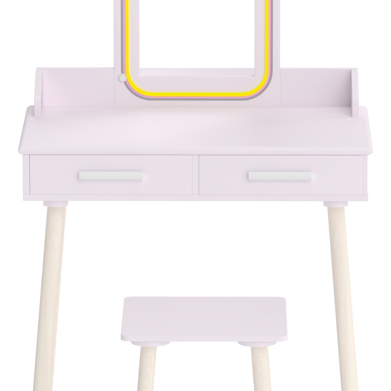 AIYAPLAY Kids Dressing Table, Girls Vanity Set with Stool, 3-Colour LED Lights Mirror, Large Drawer for Ages 3-8, Pink
