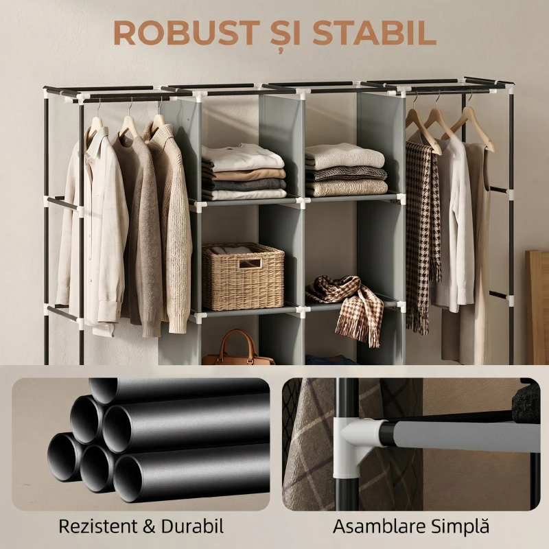 HOMCOM Dulap Textil Portabil in Material Nețesut și Oțel, cu Roți, 10 Compartimente și 2 Bare pentru Umerașe, Gri Închis