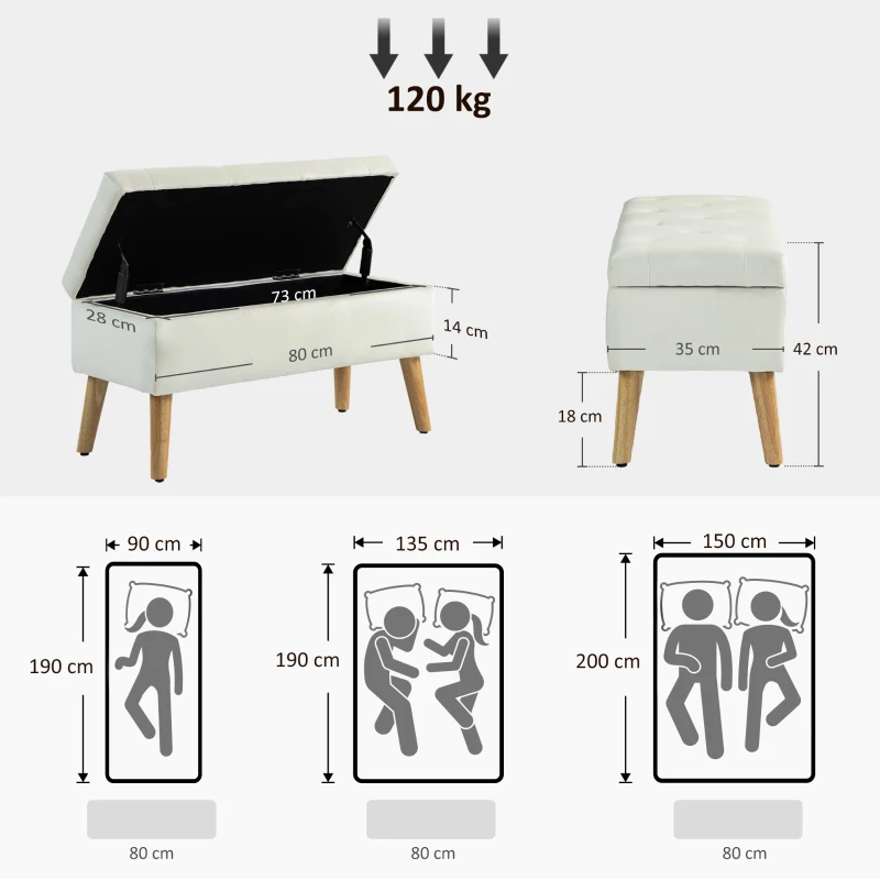 HOMCOM Cassapanca Pouf Contenitore Poggiapiedi 80x35x42 cm in Velluto, Gambe in Legno di Caucciù, Crema