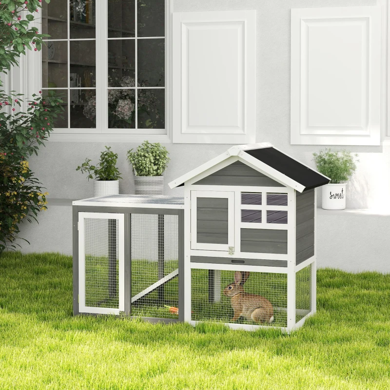 PawHut Clapier cage à lapins multi-équipé : niche supérieure avec rampe, plateau excrément, fenêtre + enclos extérieur