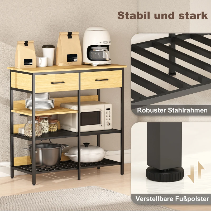 HOMCOM Sideboard, Kommode mit 2 Schubladen, 3 offenen Regalen Küchenschrankfür Küche, Wohnzimmer 90 x 40 x 91 cm, Naturholz