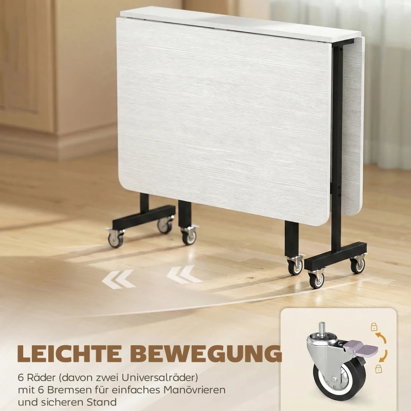 HOMCOM Mobiler Klapptisch mit 6 Rollen und Bremsen, faltbarer Küchen-Esstisch für kleine Räume, Weiß