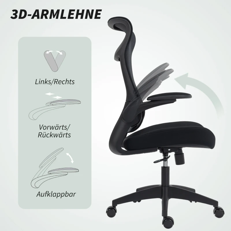 HOMCOM Ergonomischer Bürostuhl mit 3D-Armlehnen, Netzstoffrücken, S-förmige Rückenlehne, Kopfstütze, Kippfunktion, Schwarz