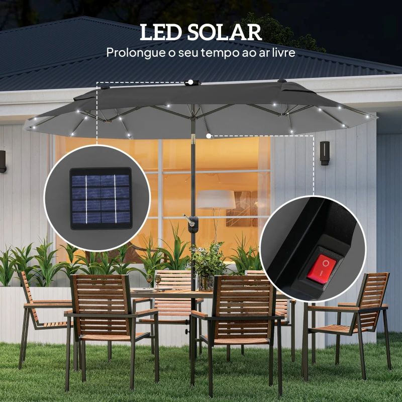 Outsunny Chapéu de Sol Duplo 295x150x219 cm com Luzes LED Solares Teto com Inclinação Ajustável e Manivela Manual para Jardim Cinza