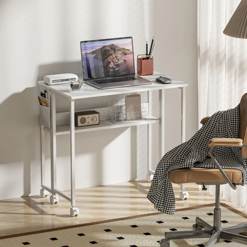 HOMCOM Escritorio Plegable con Ruedas Balda y Bolsillo de Almacenaje Ideal para Espacios Pequeños 80x50x75 cm Blanco