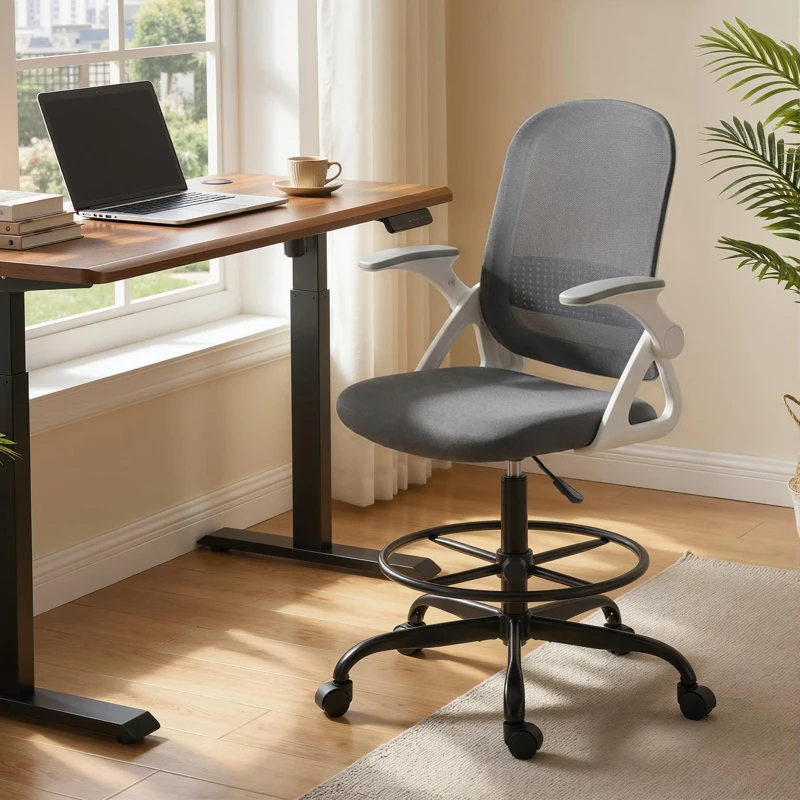 HOMCOM Silla de Escritorio de Malla Silla de Dibujo con Reposabrazos Abatibles Altura Ajustable Reposapiés Gris