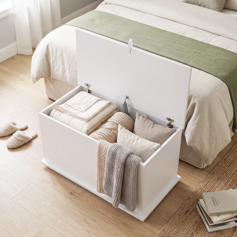 HOMCOM Cassapanca contenitore con coperchio di sicurezza, bianco