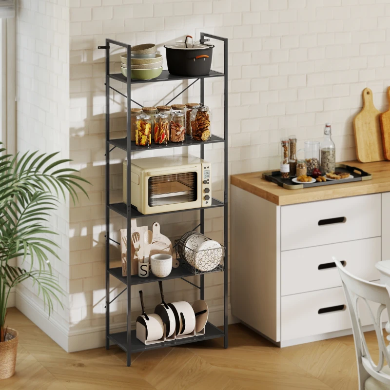 HOMCOM Bücherregal, Standregal mit 5 Ebenen, Industrielles Büroregal mit Metallrahmen, offenes Aufbewahrungsregal für Wohnzimmer, Büro, Arbeitszimmer, 60x30x170,5 cm, Schwarz