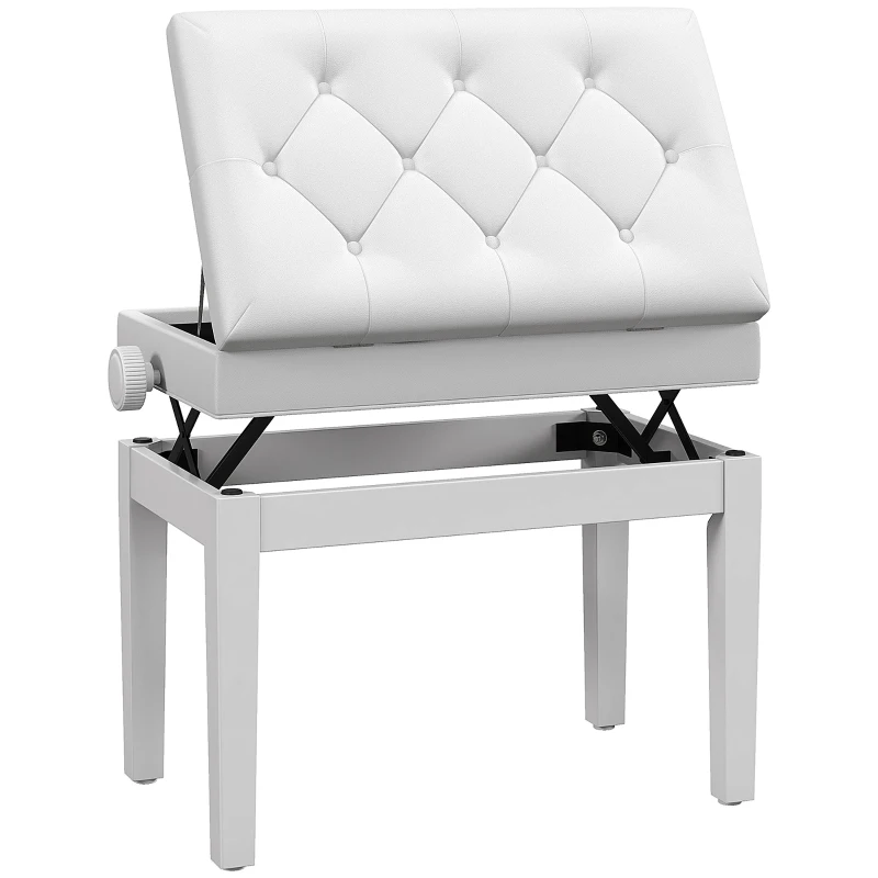 HOMCOM Klavierbank Höhenverstellbar Sitzbank mit Stauraum, Holzbeine, aus Kunstleder, 54,5 x 33 x 48-58 cm, Weiß