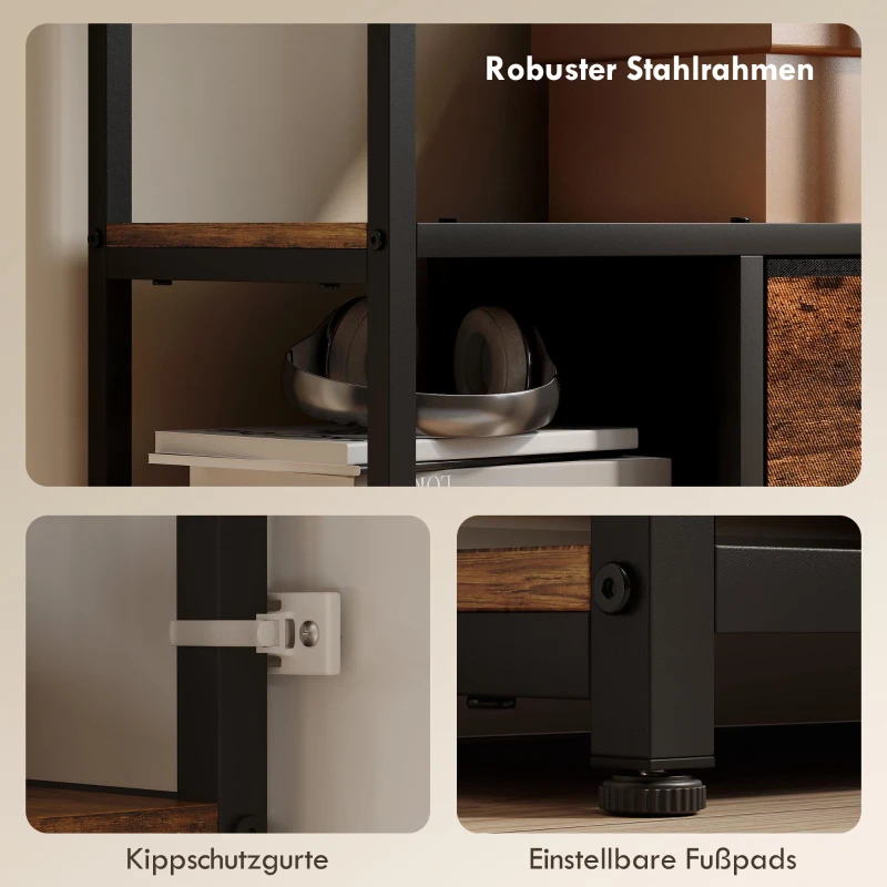 HOMCOM Aufbewahrungsregal, 2 Stoffschubladen, 9 offene Fächer, freistehendes Regal mit Stahlrahmen, Braun+Schwarz