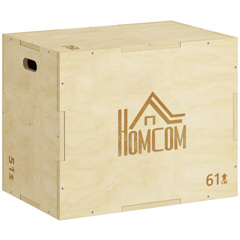 HOMCOM 3-in-1 Plyo Box Holz Plyometrische Sprungbox mit 3 Sprunghöhen Griffen 61 x 51 x 76 cm Naturholz