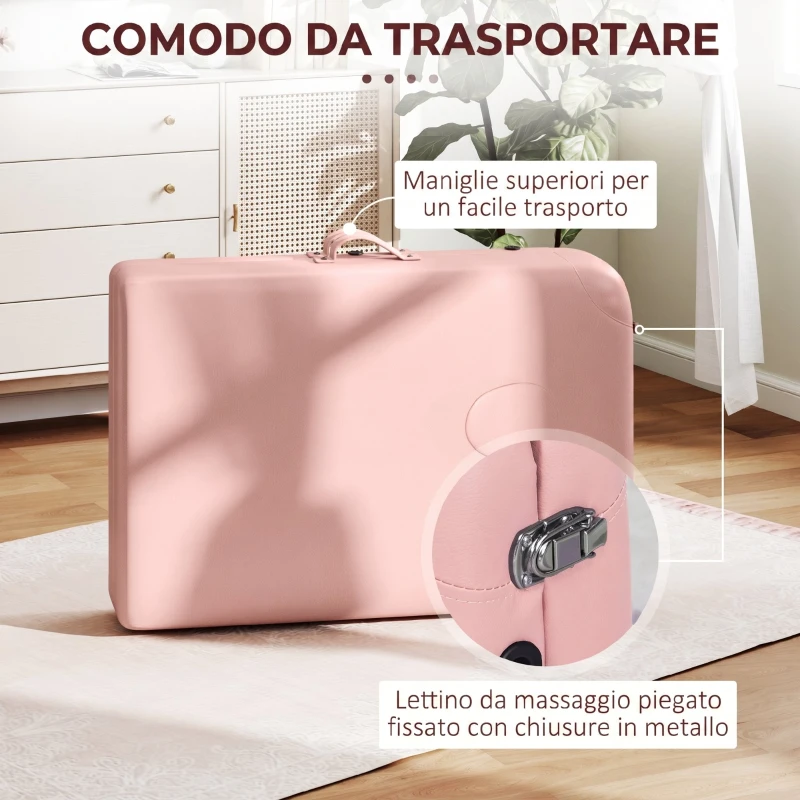 HOMCOM Lettino da Massaggio Pieghevole con Altezza Regolabile e Borsa di Trasporto, Struttura in Legno, Rosa