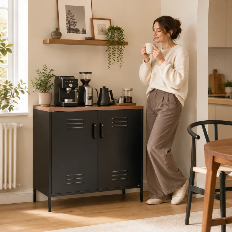 HOMCOM Bufet Metalic cu 2 Uși și Raft Reglabil, pentru Living sau Birou, Negru