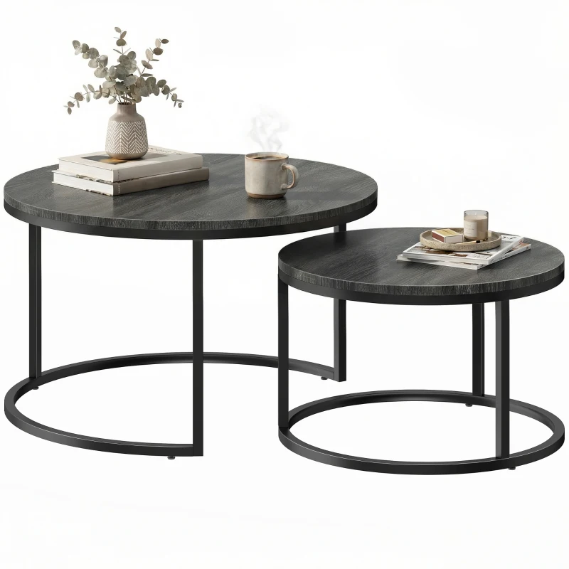 HOMCOM Modernes Kaffeetisch 2er-Set, Stapelbare Beistelltische mit Metallgestell für Wohnzimmer, Schlafzimmer, Büro, Schwarz