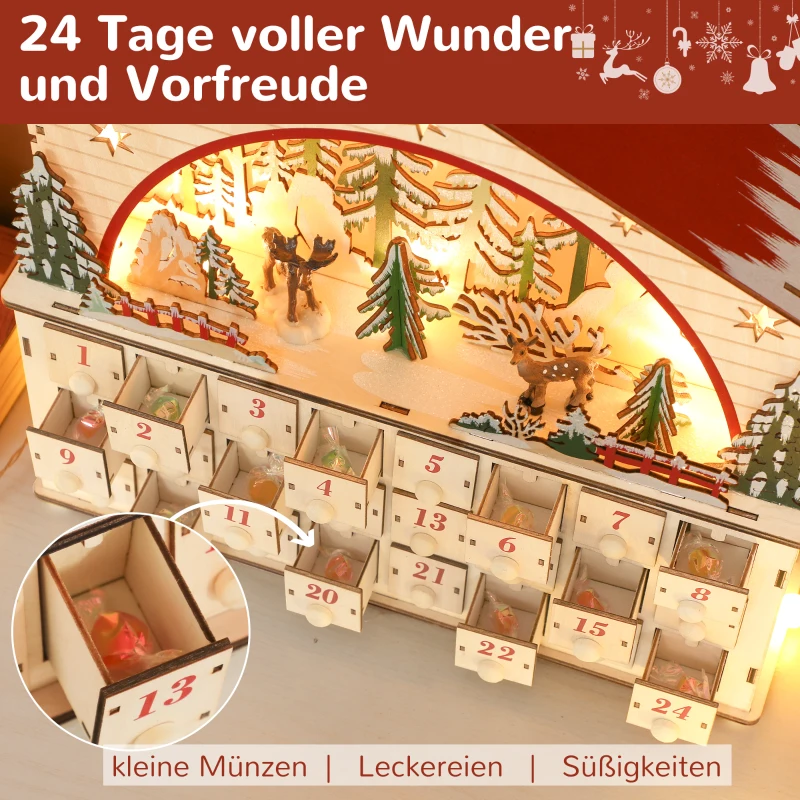 HOMCOM Adventskalender zum Befüllen 24 Schubladen Fächer Weihnachtskalender mit LED-Lichtern Naturholz 36 x 10 x 34 cm