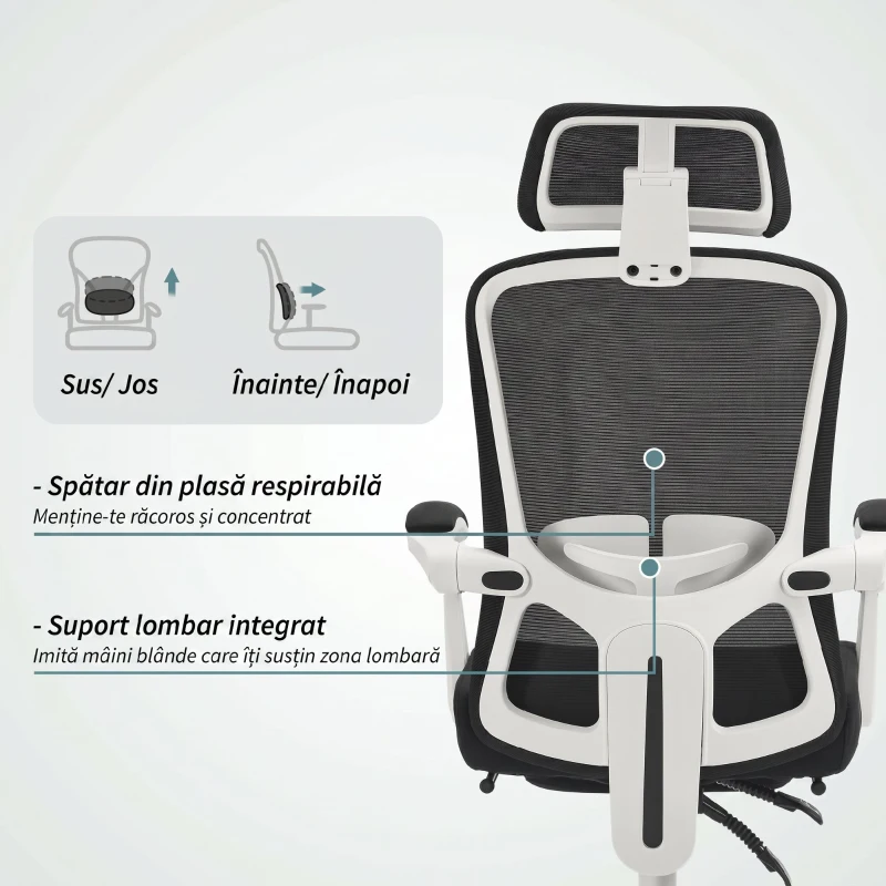 HOMCOM Scaun de Birou Rabatabil 135°, cu Suport pentru Picioare, Suport Lombar, Tetieră, Înălțime Reglabilă, din Plasă, Negru