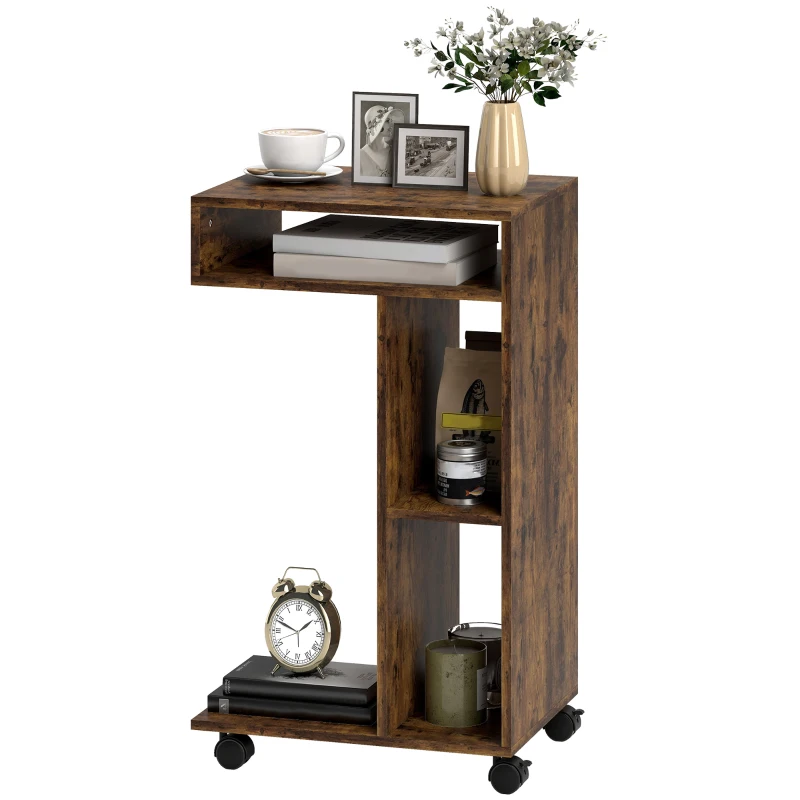 HOMCOM Beistelltisch, C-förmiger Servierwagen, 4 Rollen, 3 Fächer, 40 x 30 x 69 cm, Rustikal-Braun