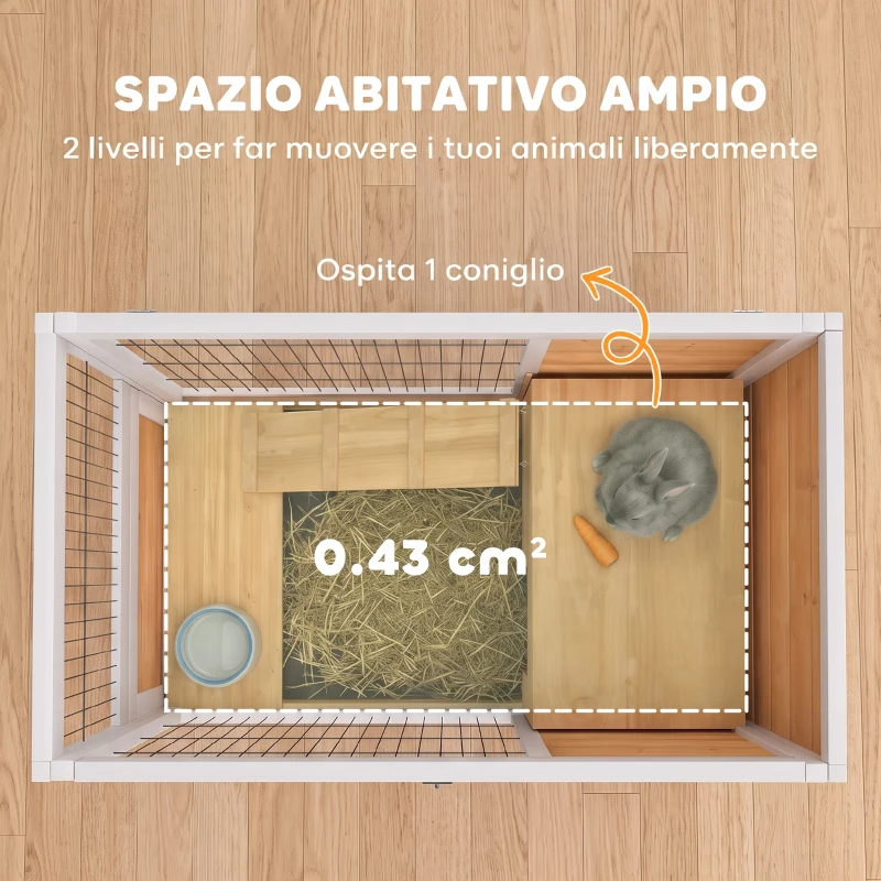 PawHut Conigliera in Legno con 4 Ruote, Casetta per Conigli e Rampa, 90x53x59cm, Giallo