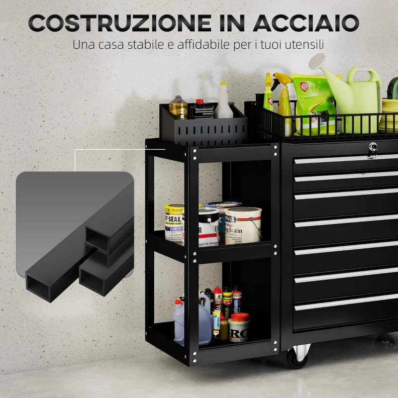 HOMCOM Carrello Portautensili in Acciaio con 7 Cassetti, Mensola Laterale Staccabile, Ruote, Capacità 120kg, Nero