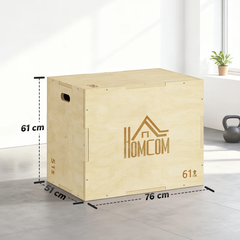 HOMCOM 3-in-1 Plyo Box Holz Plyometrische Sprungbox mit 3 Sprunghöhen Griffen 61 x 51 x 76 cm Naturholz
