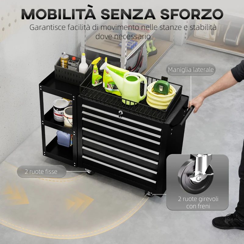 HOMCOM Carrello Portautensili in Acciaio con 7 Cassetti, Mensola Laterale Staccabile, Ruote, Capacità 120kg, Nero