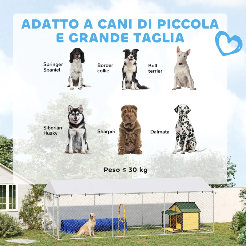 PawHut Recinto per Cani da Esterno con Rete Zincata e Serratura, in Acciaio e Tessuto Oxford, 6x2.3x2 m, Argento