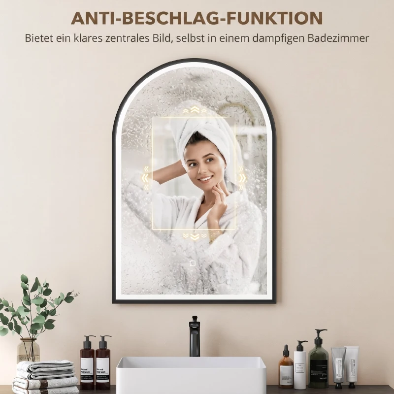 HOMCOM LED Badezimmerspiegel 60 x 90 cm mit Beleuchtung, Front- & Rückbeleuchtung, Memory-Funktion, Touch-Schalter, Schwarz