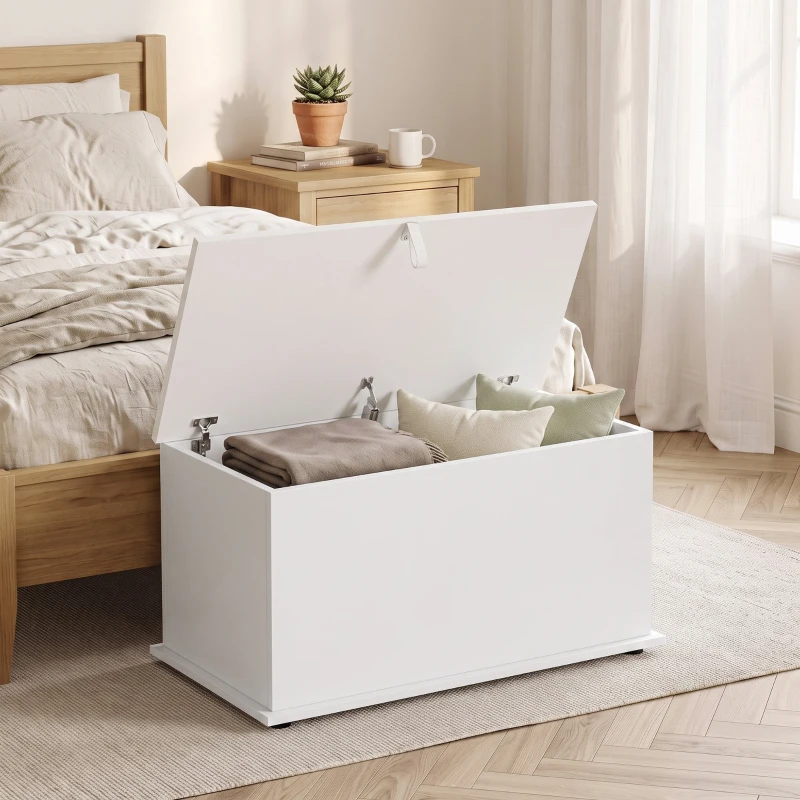 HOMCOM Coffre de Rangement, Banc de Rangement avec Couvercle Rabattable et Charnières de Sécurité, 80 x 40 x 45 cm, Blanc