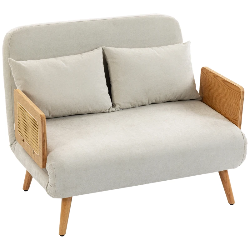 HOMCOM Canapé Convertible 2 Places, Canapé-Lit 3 en 1 Chenille 103cm, Dossier Réglable, 2 Oreillers, Accoudoirs en Bois, Crème