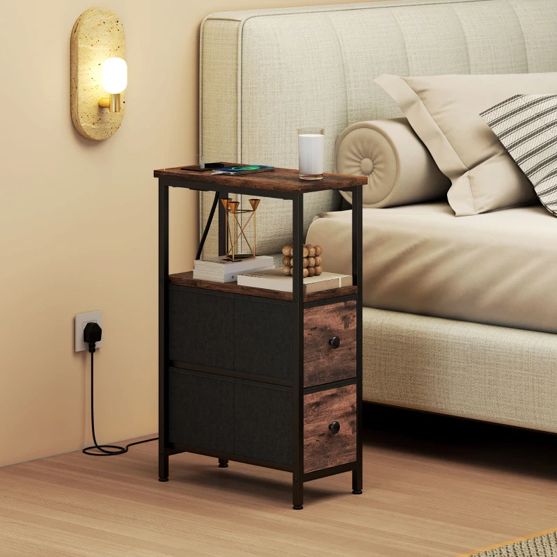 HOMCOM Couchtisch Beistelltisch mit Ladestation, Stahlrahmen, 2 Stoffschublade, offen Fach, 20cm x 40cm x 63cm, Rustikal-Braun