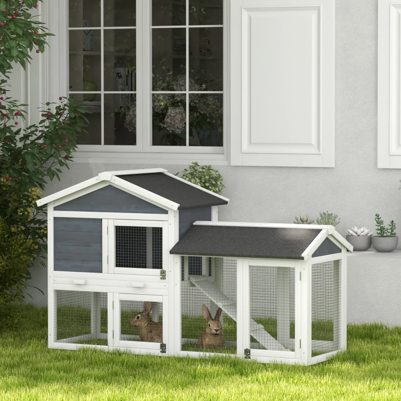 PawHut Kleintierstall mit Freilauf, Tannenholz, 147 x 54 x 84 cm, Grau