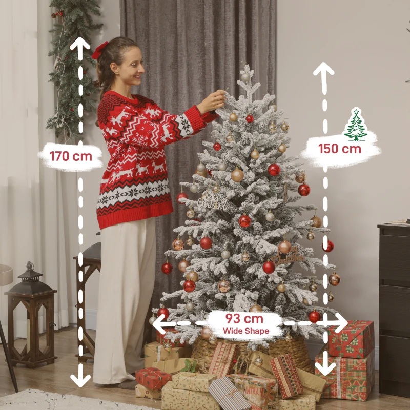 HOMCOM Künstlicher Weihnachtsbaum, 150cm Christbaum mit Schnee, 1162 Zweigen, klappbarem Metallständer