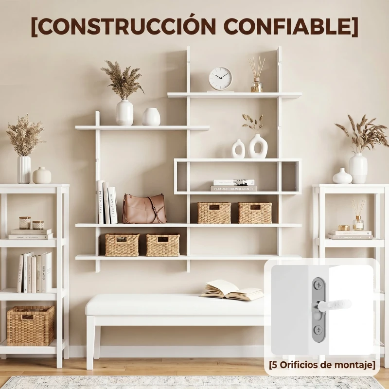 HOMCOM Estantería Flotante de Pared Geométrica con 4 Niveles y Compartimento Central Blanca