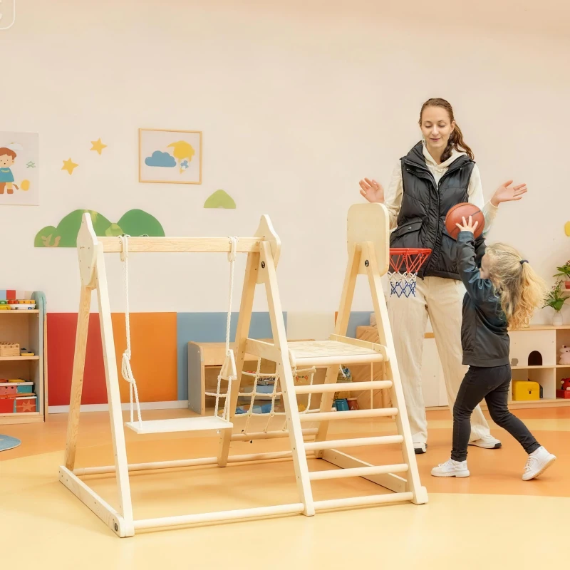AIYAPLAY Tobogán Infantil 5 en 1 Estructura de Escalada con Tobogán Columpio Aro de Baloncesto Tabla Red de Escalada Natural