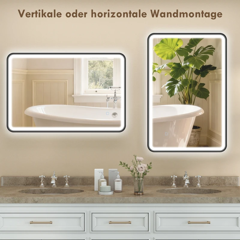 HOMCOM 90 x 60 cm LED-Badezimmerspiegel, Lichter, 3 Farben, dimmbar, Memory-Funktion, horizontal und vertikal, Schwarz