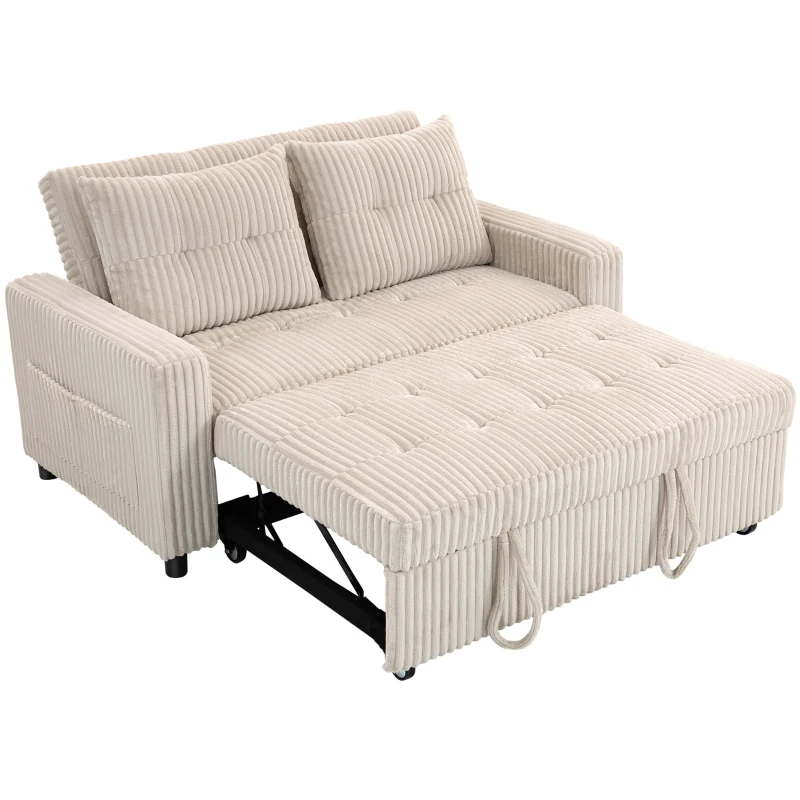 HOMCOM 2-Sitzer Sofabett, Cordbezug, zum Schlafsofa umwandelbar, 2 Kissen, Seitentaschen, 157 x 190 cm, Cremeweiß