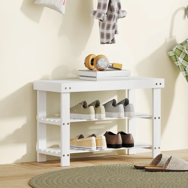 HOMCOM Schuhbank Bambus mit 2 Ablagen, Sitzbank mit Stauraum, für Flur, 70x28x45 cm, Weiß